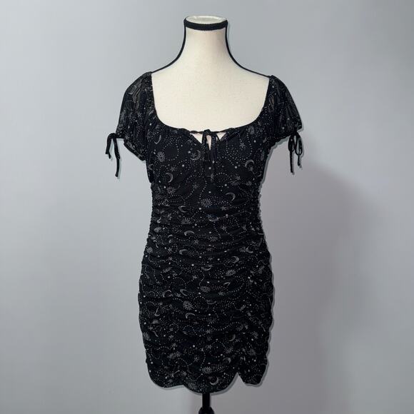 Ultra flirt Black Celestial Print Ruched Bodycon Mini Dress women’s size Medium - Picture 1 of 6